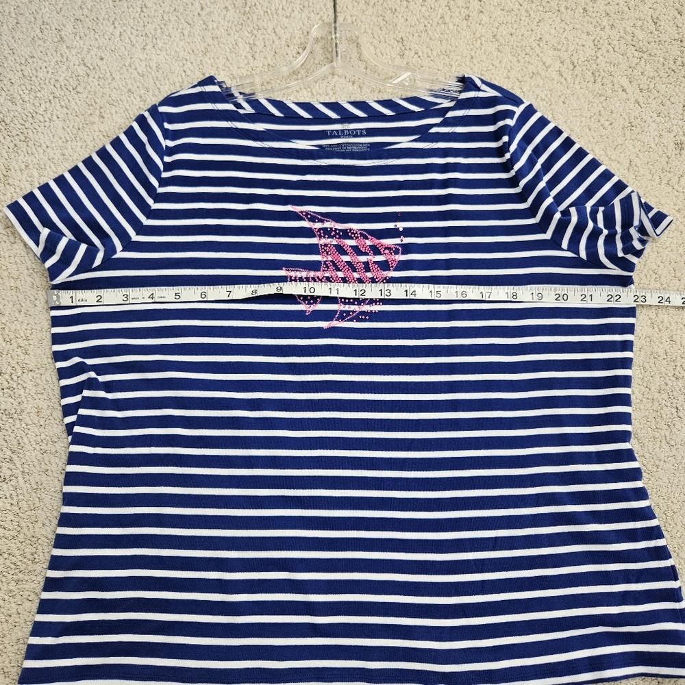 Talbots Short Sleeve Shirt Blue White Stripe Beaded Pink Fish Coastal Beach 2x - Picture 5 of 6